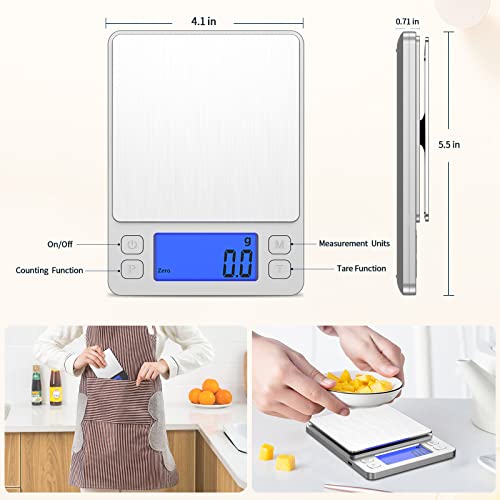 Kitchen Food Scale, 3000g/0.1g High Precision Digital Scale, Used for Cooking, Jewelry, Baking, Tare Function, with 2 Trays, LCD Display