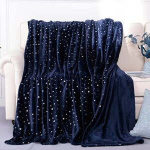 stellhome navy blue throw blanket, ultra soft thick flannel star foil print fleece bed blanket for sofa couch, twin size 80"x65"