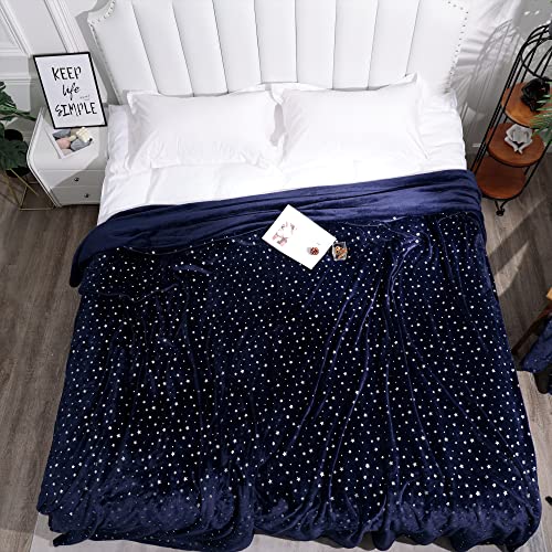 Stellhome Navy Blue Throw Blanket, Ultra Soft Thick Flannel Star Foil Print Fleece Bed Blanket for Sofa Couch, Twin Size 80"x65"