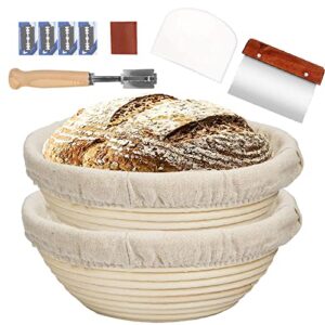 farielyn-x 2 packs 9 inch bread banneton proofing basket - baking dough bowl gifts for bakers proving baskets for sourdough lame bread slashing scraper tool starter jar proofing box