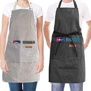 yiclick [2 pack] chef cooking kitchen apron with pockets for women men, waterproof adjustable cotton bib apron for baking garden bbq mothers day kitchen gifts (black&white)