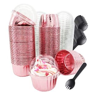 cupcake liners with dome lids 100pack,free-air 3.5oz mini foil baking cups muffin liners,disposable muffin tin cupcake cups for individual bakery wedding birthday party, with spoons-rose gold