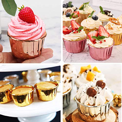 Cupcake Liners with Dome Lids 100Pack,Free-Air 3.5Oz Mini Foil Baking Cups Muffin Liners,Disposable Muffin Tin Cupcake Cups for Individual Bakery Wedding Birthday Party, with Spoons-Rose gold