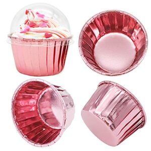 Cupcake Liners with Dome Lids 100Pack,Free-Air 3.5Oz Mini Foil Baking Cups Muffin Liners,Disposable Muffin Tin Cupcake Cups for Individual Bakery Wedding Birthday Party, with Spoons-Rose gold