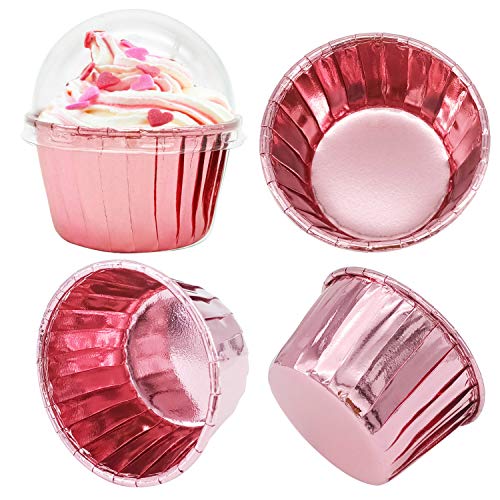 Cupcake Liners with Dome Lids 100Pack,Free-Air 3.5Oz Mini Foil Baking Cups Muffin Liners,Disposable Muffin Tin Cupcake Cups for Individual Bakery Wedding Birthday Party, with Spoons-Rose gold