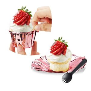 Cupcake Liners with Dome Lids 100Pack,Free-Air 3.5Oz Mini Foil Baking Cups Muffin Liners,Disposable Muffin Tin Cupcake Cups for Individual Bakery Wedding Birthday Party, with Spoons-Rose gold