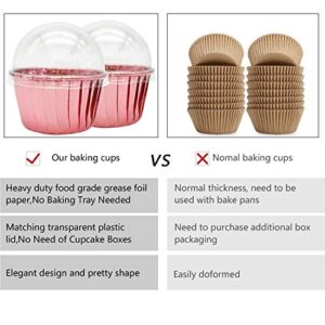 Cupcake Liners with Dome Lids 100Pack,Free-Air 3.5Oz Mini Foil Baking Cups Muffin Liners,Disposable Muffin Tin Cupcake Cups for Individual Bakery Wedding Birthday Party, with Spoons-Rose gold