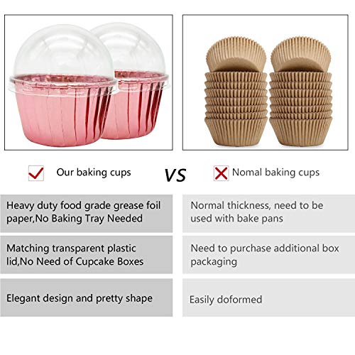 Cupcake Liners with Dome Lids 100Pack,Free-Air 3.5Oz Mini Foil Baking Cups Muffin Liners,Disposable Muffin Tin Cupcake Cups for Individual Bakery Wedding Birthday Party, with Spoons-Rose gold