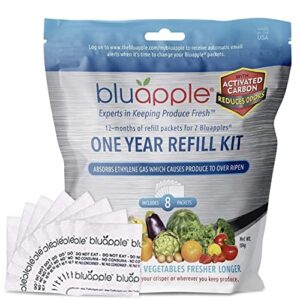 bluapple 1-year carbon refill kit - keep fruits & vegetables fresh longer & help absorb odors, 8 packets with carbon, fruit & vegetable storage, ethylene gas absorber for fridge, made in usa