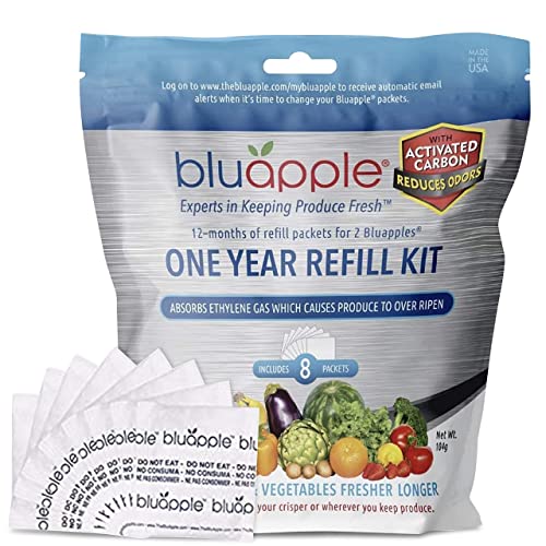 Bluapple 1-Year Carbon Refill Kit - Keep Fruits & Vegetables Fresh Longer & Help Absorb Odors, 8 Packets with Carbon, Fruit & Vegetable Storage, Ethylene Gas Absorber for Fridge, Made in USA