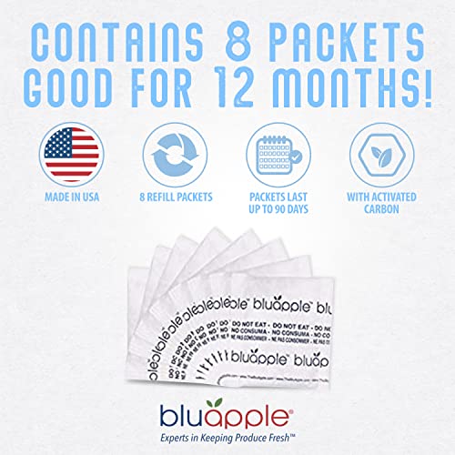 Bluapple 1-Year Carbon Refill Kit - Keep Fruits & Vegetables Fresh Longer & Help Absorb Odors, 8 Packets with Carbon, Fruit & Vegetable Storage, Ethylene Gas Absorber for Fridge, Made in USA