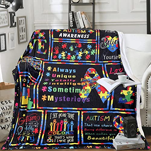 Autism Blanket Puzzle Cure Awareness Flannel Throw Gift for Childs Teens Adults Super Soft Snuggle Breathable Bed Sofa Couch Meaningful Colorful Foldable Unisex 150x200 Black 60x80