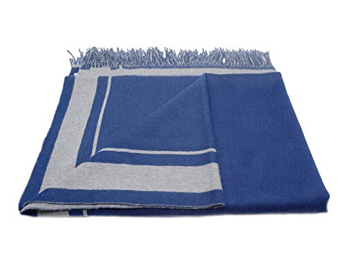 State Cashmere Reversible Throw Blanket with Fringes - Ultra Soft Accent Blanket for Couch, Sofa & Bed - Made with Merino Wool & Cashmere Sourced from Inner Mongolia - (Navy/Heather Grey, 70"x50")