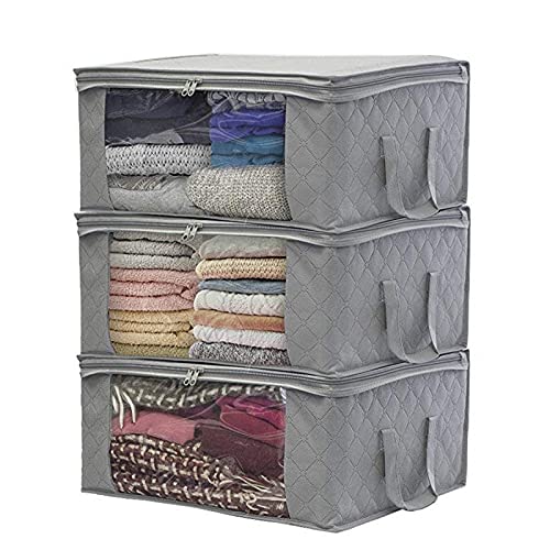 Closet Organizers Bags with Handle and Clear Window Set of 3 Fordable Under Bed Thick Fabric Comforters, Blankets,Clothing Storage Bags