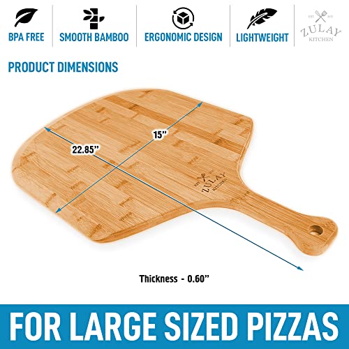 Zulay (Large 15") Authentic Bamboo Pizza Peel Wood - Natural Bamboo Pizza Paddle With Easy Glide Edges & Handle For Baking - Large Wood Pizza Peel For Transferring & Serving