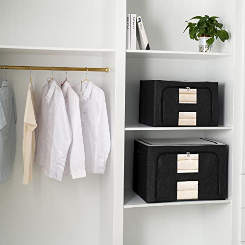 3 Pack Clothes Storage Organizer Bins Containers -Stackable Metal Frame Storage Bins Foldable Oxford Cloth Box for Clothing Storage with Clear Window & Reinforced Handles