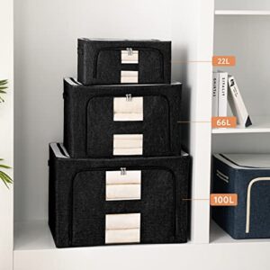 3 Pack Clothes Storage Organizer Bins Containers -Stackable Metal Frame Storage Bins Foldable Oxford Cloth Box for Clothing Storage with Clear Window & Reinforced Handles