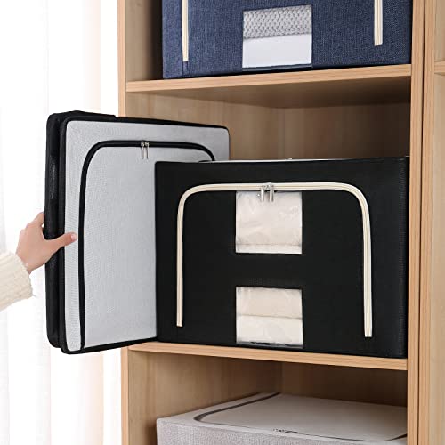 3 Pack Clothes Storage Organizer Bins Containers -Stackable Metal Frame Storage Bins Foldable Oxford Cloth Box for Clothing Storage with Clear Window & Reinforced Handles