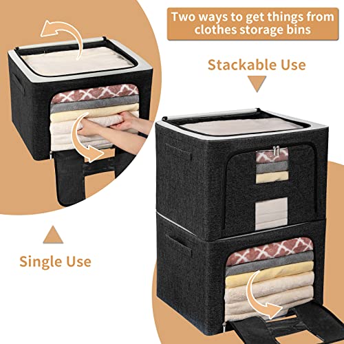 3 Pack Clothes Storage Organizer Bins Containers -Stackable Metal Frame Storage Bins Foldable Oxford Cloth Box for Clothing Storage with Clear Window & Reinforced Handles