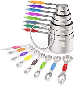 measuring cups and magnetic measuring spoons set, wildone stainless steel 16 piece set, 8 measuring cups & 7 double sided stackable magnetic measuring spoons & 1 leveler
