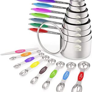 Measuring Cups and Magnetic Measuring Spoons Set, Wildone Stainless Steel 16 Piece Set, 8 Measuring Cups & 7 Double Sided Stackable Magnetic Measuring Spoons & 1 Leveler