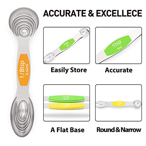 Measuring Cups and Magnetic Measuring Spoons Set, Wildone Stainless Steel 16 Piece Set, 8 Measuring Cups & 7 Double Sided Stackable Magnetic Measuring Spoons & 1 Leveler