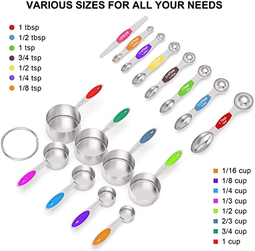 Measuring Cups and Magnetic Measuring Spoons Set, Wildone Stainless Steel 16 Piece Set, 8 Measuring Cups & 7 Double Sided Stackable Magnetic Measuring Spoons & 1 Leveler