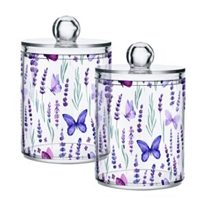 kigai 2 pack lavender flower qtip holders dispenser bathroom vanity organizers clear plastic apothecary jars with lids for cotton ball, cotton swab, cotton round pads, floss