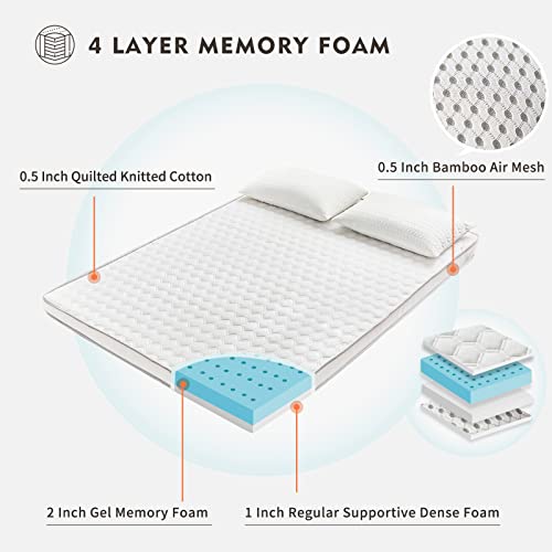 Memory Foam Mattress Topper 4 Inches with Supportive, High-Density Foam - 2 Layer Hybrid Cooling Bed Topper with Knitted Cotton & Bamboo Charcoal Skin Friendly Cover - Twin Size