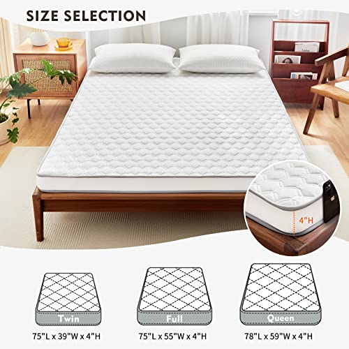 Memory Foam Mattress Topper 4 Inches with Supportive, High-Density Foam - 2 Layer Hybrid Cooling Bed Topper with Knitted Cotton & Bamboo Charcoal Skin Friendly Cover - Twin Size