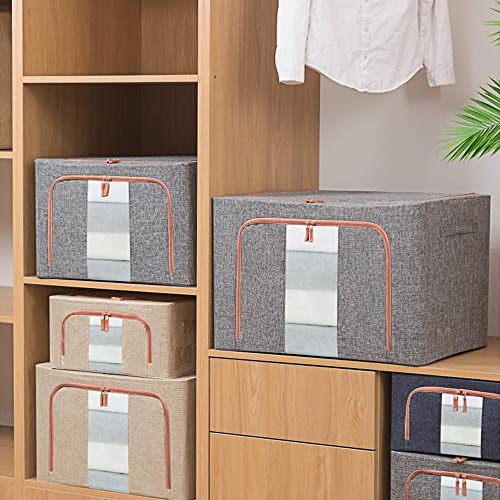 selfrieden Clothes Storage Bins, 66L [4 Pack ] Foldable Oxford Cloth Steel Frame Organizers Bag with Large Clear Window & Reinforced Handles Carry Handles for Clothing, Comforter, Blanket Storage Bedding (66L, Beige)