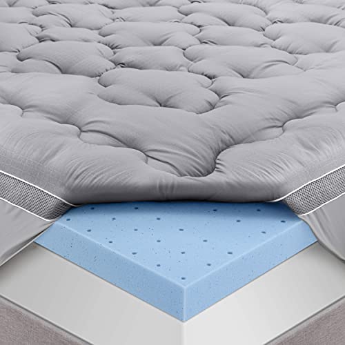 BedStory Mattress Topper Queen Size, Dual-Layer Pillow Top & Gel Memory Foam Bed Toppers 3.6 Inch, 2-in-1 Combination of Comfort and Support, Gray