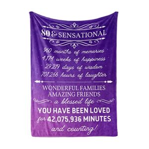 innobeta 80th birthday gifts for women, birthday presents for 80 year old women - 80 & sensational - grandma, greatgrandma, mom, aunt, sister - flannel throw blanket - purple, 50"x 65"