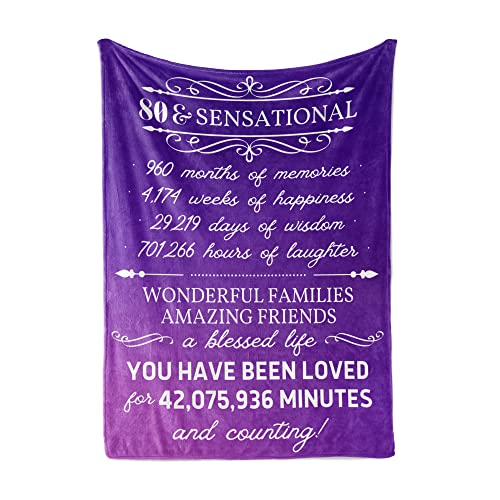 InnoBeta 80th Birthday Gifts for Women, Birthday Presents for 80 Year Old Women - 80 & Sensational - Grandma, Greatgrandma, Mom, Aunt, Sister - Flannel Throw Blanket - Purple, 50"x 65"