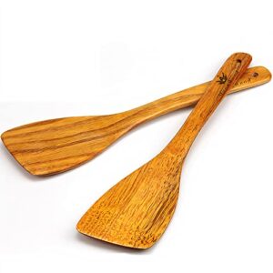 wooden spatula for cooking - 12 inch premium utensils long handled, kitchen spurtle set ideal for pan and wok - wood turner, corner spatula, spoons, scraper, frying pack of 2