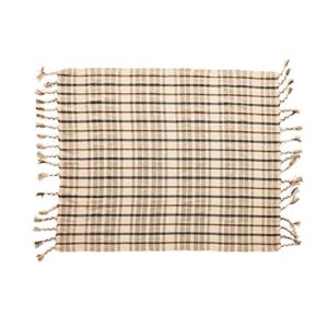 bloomingville woven recycled cotton blend plaid tassels, charcoal color & brown throw, charcoal & brown