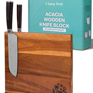 Magnetic Knife Block Holder Rack - Acacia Wood Cutlery Storage for 12 Knives Double Sided Magnets & Non-Slip Base - Knives Not Included