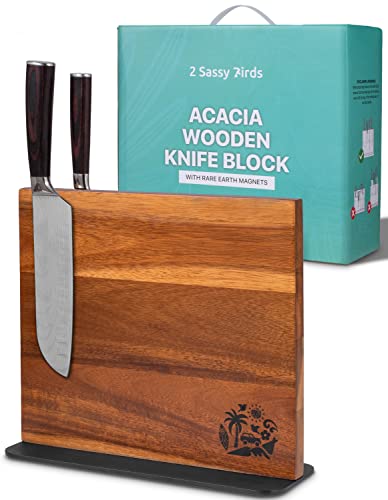 Magnetic Knife Block Holder Rack - Acacia Wood Cutlery Storage for 12 Knives Double Sided Magnets & Non-Slip Base - Knives Not Included