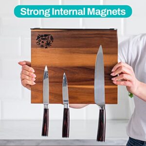 Magnetic Knife Block Holder Rack - Acacia Wood Cutlery Storage for 12 Knives Double Sided Magnets & Non-Slip Base - Knives Not Included