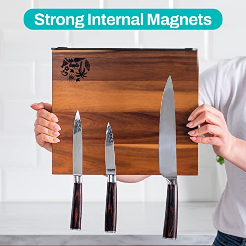 Magnetic Knife Block Holder Rack - Acacia Wood Cutlery Storage for 12 Knives Double Sided Magnets & Non-Slip Base - Knives Not Included