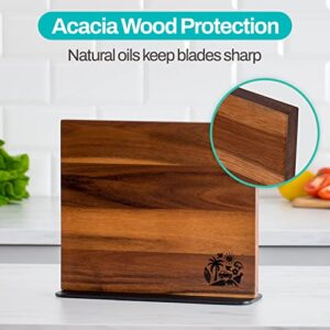 Magnetic Knife Block Holder Rack - Acacia Wood Cutlery Storage for 12 Knives Double Sided Magnets & Non-Slip Base - Knives Not Included