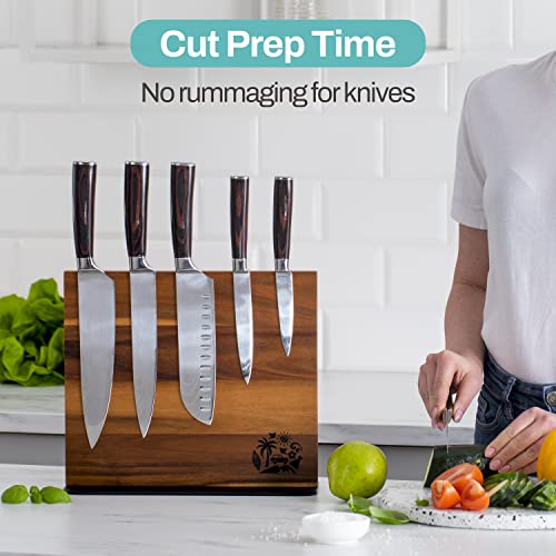 Magnetic Knife Block Holder Rack - Acacia Wood Cutlery Storage for 12 Knives Double Sided Magnets & Non-Slip Base - Knives Not Included