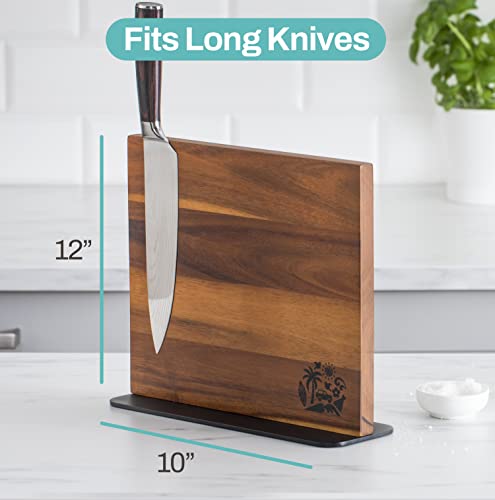 Magnetic Knife Block Holder Rack - Acacia Wood Cutlery Storage for 12 Knives Double Sided Magnets & Non-Slip Base - Knives Not Included