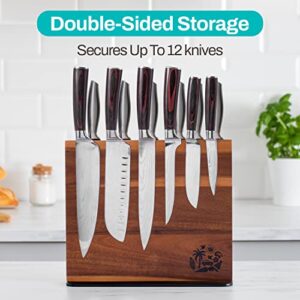 Magnetic Knife Block Holder Rack - Acacia Wood Cutlery Storage for 12 Knives Double Sided Magnets & Non-Slip Base - Knives Not Included