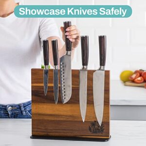 Magnetic Knife Block Holder Rack - Acacia Wood Cutlery Storage for 12 Knives Double Sided Magnets & Non-Slip Base - Knives Not Included