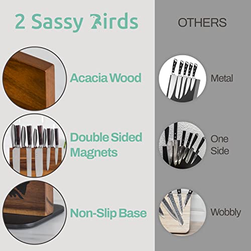 Magnetic Knife Block Holder Rack - Acacia Wood Cutlery Storage for 12 Knives Double Sided Magnets & Non-Slip Base - Knives Not Included