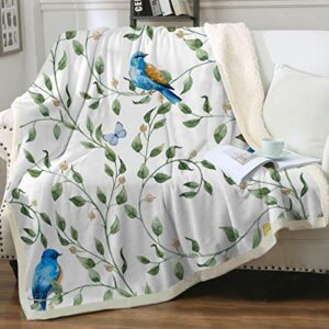 sleepwish watercolor green leaves sherpa fleece blanket butterflies blue birds and tree branch soft blanket spring pattern super warm lightweight bed couch blankets throw(50"x60")