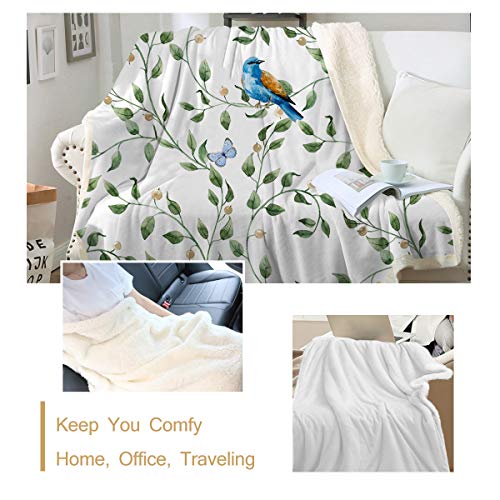 Sleepwish Watercolor Green Leaves Sherpa Fleece Blanket Butterflies Blue Birds and Tree Branch Soft Blanket Spring Pattern Super Warm Lightweight Bed Couch Blankets Throw(50"x60")