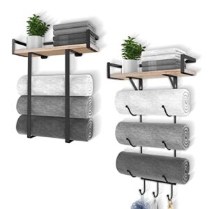 towel racks for bathroom wall mounted, xstydes metal towel holder with wooden shelf for folding large towels, towel storage for small bathroom organizer decor or rv camping, (tr-h+tr-j)