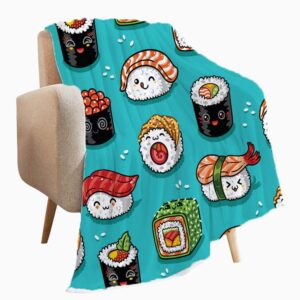 Qutown Sushi Pattern Cute Cartoon Japanese Food Blanket Throw Soft Lightweight Warm Cozy Flannel Fleece Women Adults and Kids Gifts for Couch Bed Sofa 50*40inch Small for Kid Leg pet